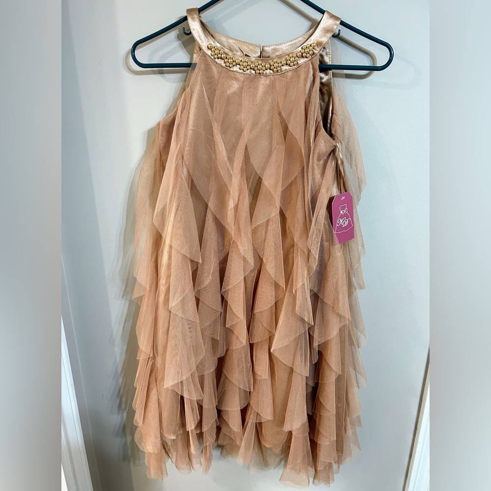Kids dream girls size 14 tulle waterfall dress, Pearl details, blush rose gold